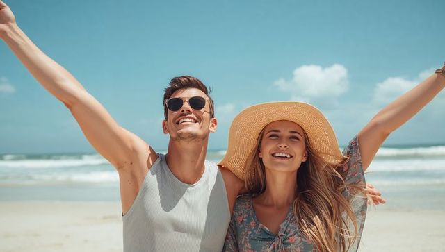 Joyful couple enjoying sunny beach vacation outdoors