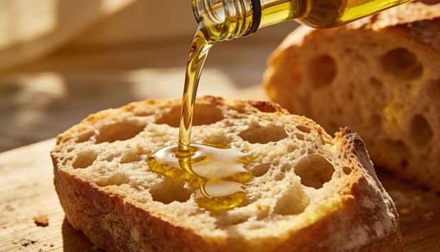 Drizzling golden olive oil on crusty artisan bread slice in sunlit rustic kitchen