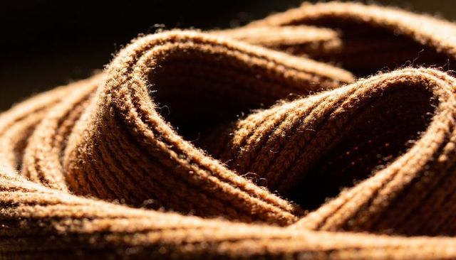 Warm brown ribbed knit fabric catching side light, macro closeup showing texture and pilling