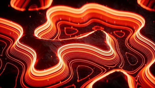 Neon topography: glowing orange-red contour ridges with ember sparks
