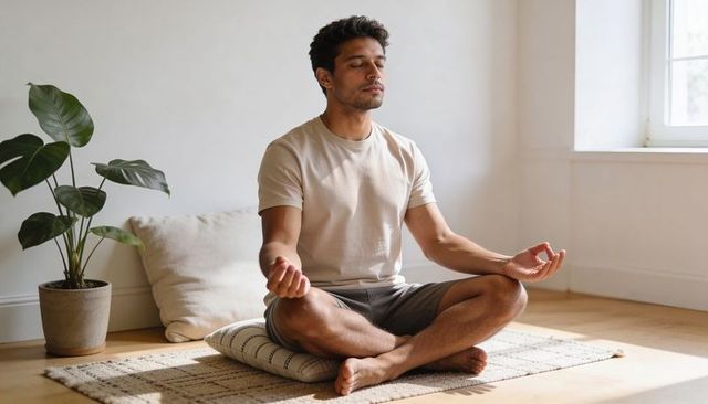 Meditating man practicing mindfulness at home in sunlit minimalist interior for wellbeing