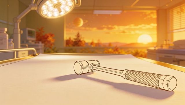 Reflex hammer casting long shadow on exam table during golden hour clinic sunset surreal