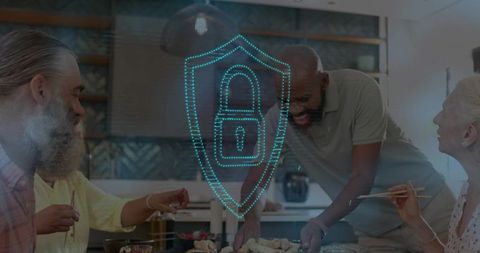 Multigenerational friends sharing meal at kitchen island with digital shield lock overlay