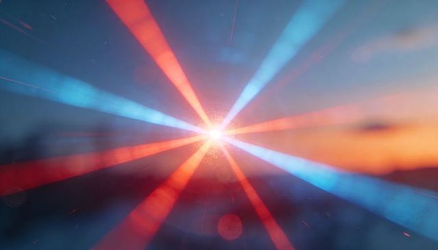 Abstract starburst emitting red and blue radial beams with lens flare and bokeh glow