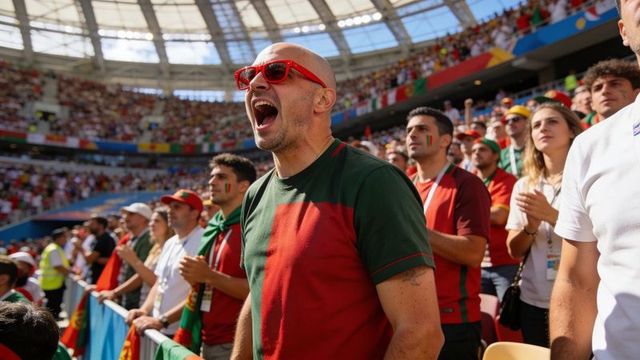 Passionate portugal football fans cheering loudly in stadium with bald fan in red shades