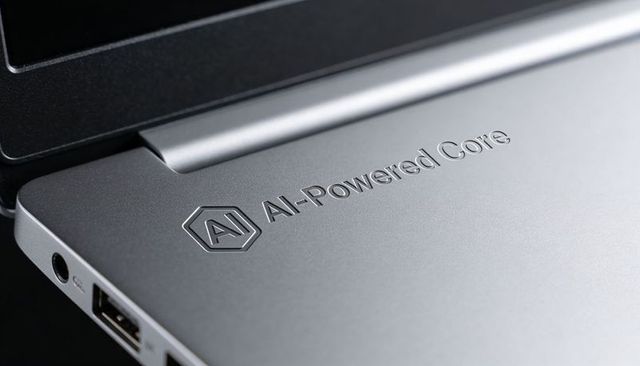 Showing silver laptop palm rest embossed ai-powered core branding with hexagon ai logo