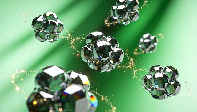 Floating faceted crystal clusters with golden sparkle trails on soft green backdrop
