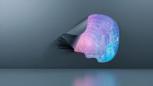 Curled wall panel revealing neon pastel cyber city with glowing circuitry in minimal gallery