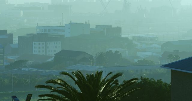 Misty early morning atmosphere over a coastal cityscape with prominent buildings and a large palm tree in the foreground. This serene and tranquil scene is ideal for themes related to urban environments, scenic vistas, nature amidst city life, and calming atmospheres. Useful for websites, backgrounds, travel blogs, and environmental topics that emphasize the peaceful coexistence of nature and urbanity.