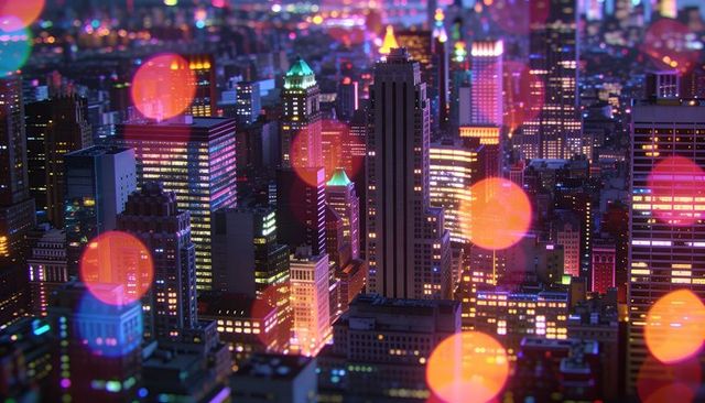 Neon city nightscape showing central skyscraper glowing with bokeh light orbs