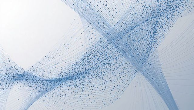 Flowing blue data wave network forming layered mesh strands with fine dot nodes abstract