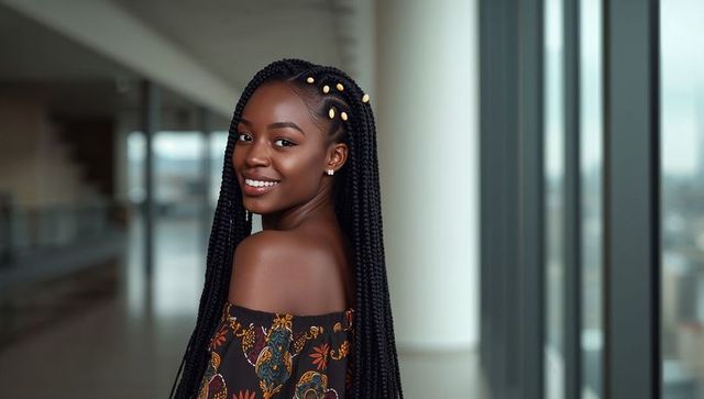 Elegant Woman with Braids Glancing in Modern Corridor