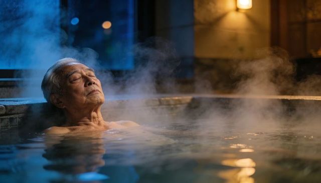 Senior asian man relaxing in steaming hot spring bath with warm ambient lighting