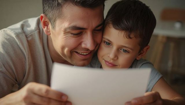 Father and son reading letter together, smiling in warm close-up, home bonding moment scene