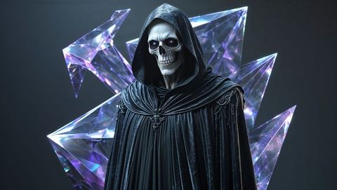 Mystical skeletal grim reaper with crystalline shards in ethereal realm
