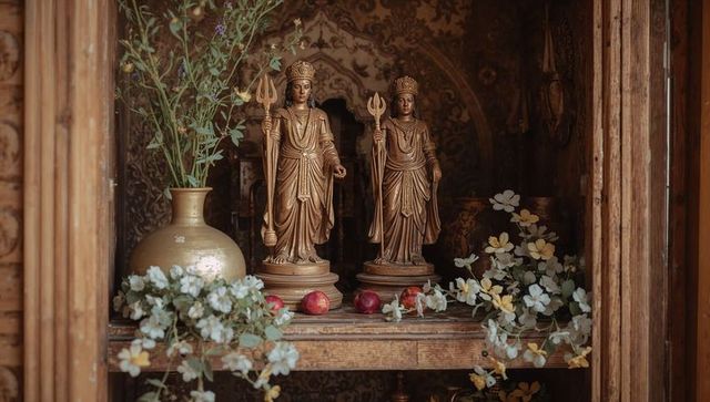 Gilded hindu deities holding tridents on ornate wooden shrine shelf with vase and fruit