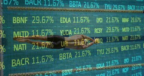 Swimmer Beneath Financial Ticker Data Display