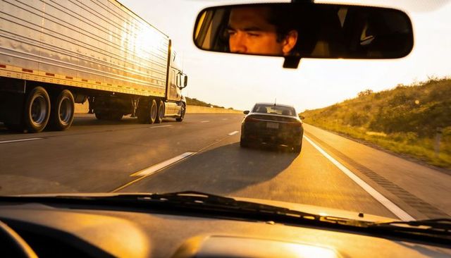 Following black sedan on highway at golden hour with passing truck and rearview reflection