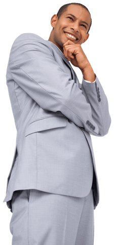 Cheerful businessman laughing in light grey suit transparent background
