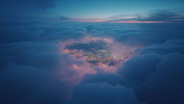 Futuristic City Skyline Through Nighttime Cloud Opening