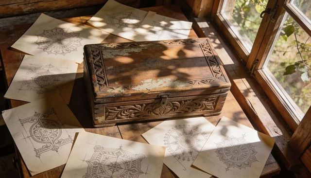 Sunlit carved wooden box resting on rustic table surrounded by mandala sketches with patina