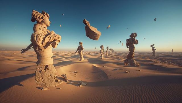 Surreal desert sculptures with floating stone fragments in minimalist landscape