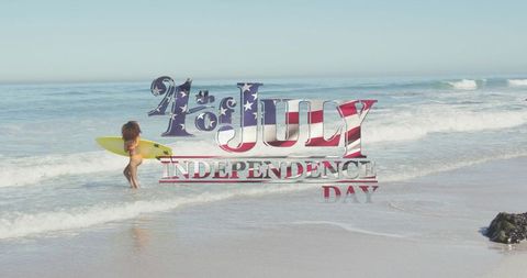Woman holding surfboard celebrates independence day on beach