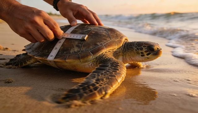Field researcher measuring sea turtle carapace on sunset beach for conservation study