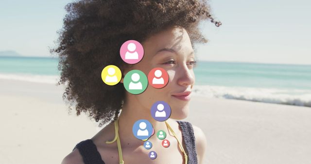 Woman Enjoying Beach with Multifaceted Social Media Icons - Download Free Stock Images Pikwizard.com