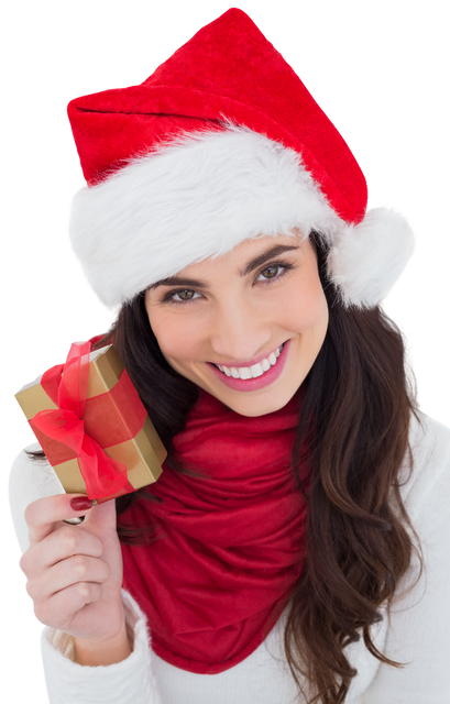 Happy Woman in Santa Hat Holding Christmas Gift Transparent Background - Download Free Stock Videos Pikwizard.com