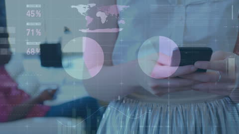 Executive Using Smartphone with Data Overlays in Modern Office Concept