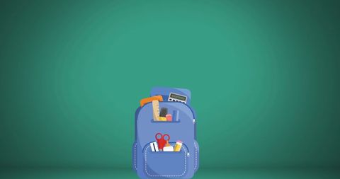 Backpack with school supplies against green chalkboard