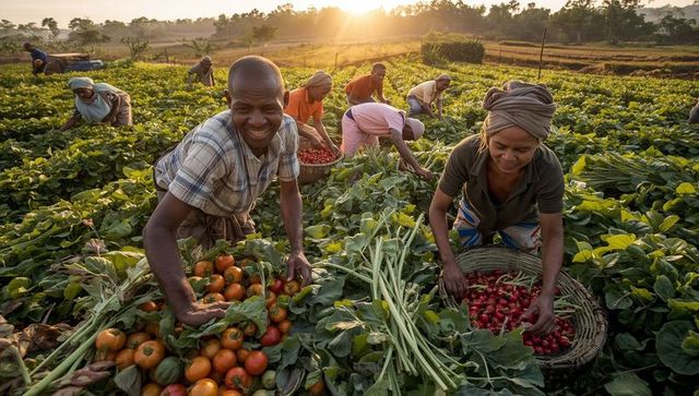 Diverse Workers Harvesting Tomatoes and Radishes at Sunrise