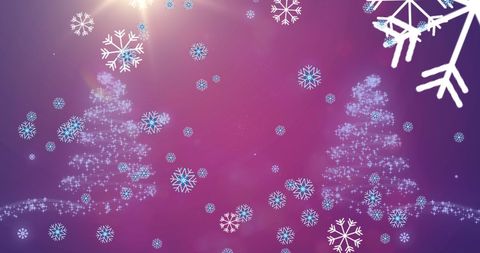 Falling Snowflakes and Christmas Trees on Purple Background