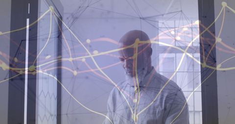 Businessman Analyzing Data with Smartphone in High-Tech Environment