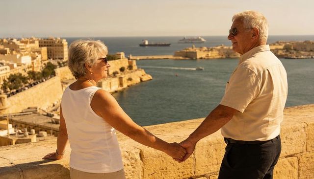 Senior couple holding hands over sunlit mediterranean harbor, retirement travel romance
