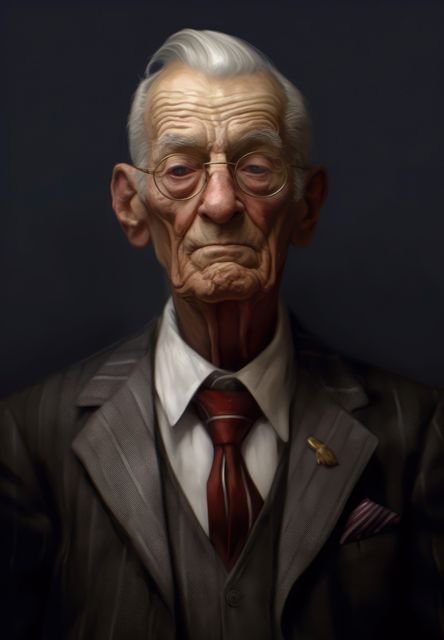 Portrait of pensive old man on black background, created using generative ai technology. Portraiture, old age and facial expressions concept digitally generated image.