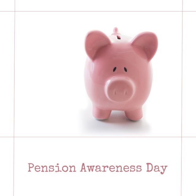 Digital composite of pink piggybank and pension awareness day text over white background. Copy space, retirement, savings, planning, awareness and campaign concept.
