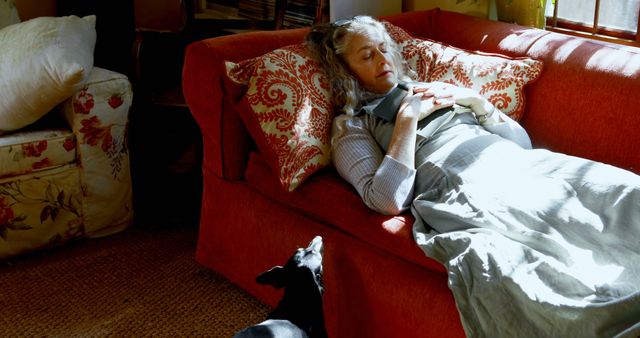 An elderly woman is seen napping on a cozy couch, with a small dog watching nearby. This serene scene captures a quiet afternoon in a comfortable, warmly lit living room. Can be used for themes related to relaxation, home life, senior living, companionship, and pet-owner relationships.