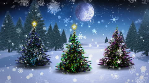 Animated Christmas Trees in Snowy Moonlit Scene