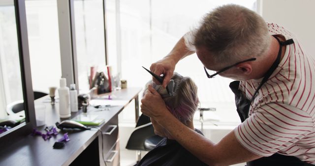 Senior hairstylist dyeing client's hair in modern salon - Download Free Stock Images Pikwizard.com