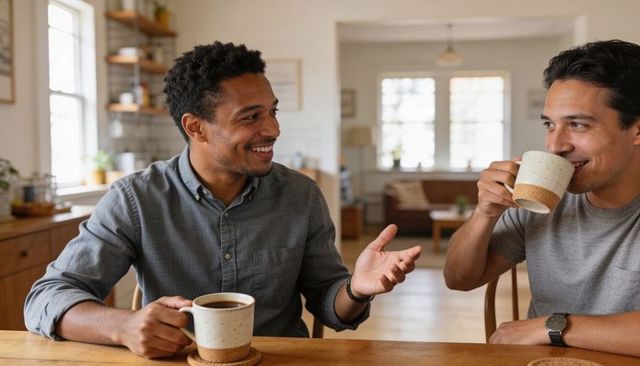 Two friends sharing morning coffee and casual conversation in sunlit kitchen