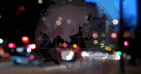 Digital Globe Overlay in Vibrant Night Cityscape with Bokeh