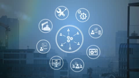 Digital Network Icons Spinning over City Skyline