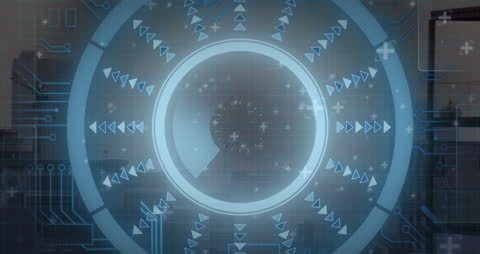 Digital Interface with Floating Scanner Over Cityscape Conceptual Animatics