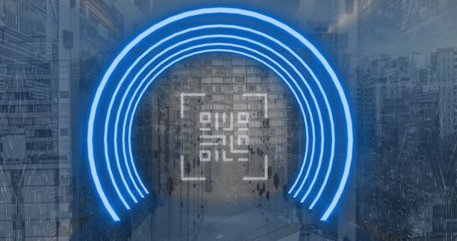 Image of neon semi circles with qr code against office building. Digital composite, multiple exposure, artificial intelligence, safety, accessibility, network security, identity. Identity.