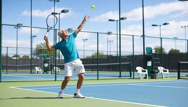 Senior man serving tennis ball under blue sky on outdoor court in teal polo and white shorts