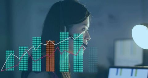 Chinese woman wearing headset analyzing data on monitors with overlaid charts and graphs