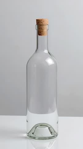 Vertical product video showing empty clear glass bottle sealed with cork stopper on white surface