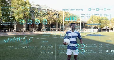 Standing athlete holding ball on campus field with augmented reality analytics overlay